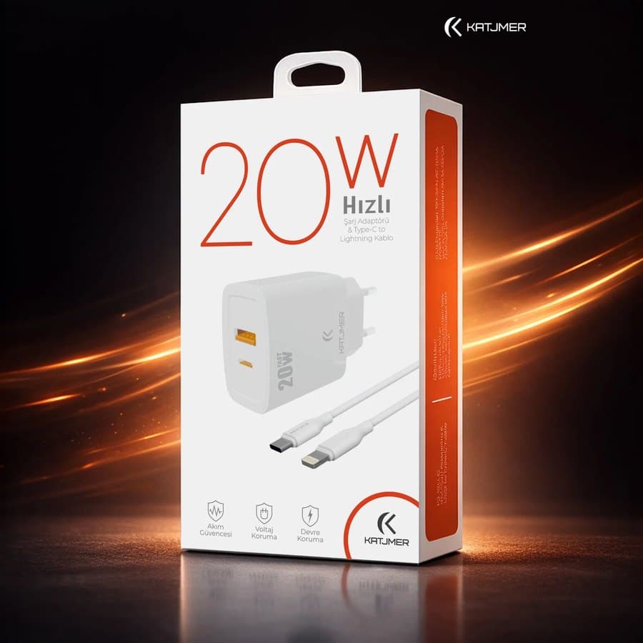 Katjmer KJ-20UP-CL 20W USB-PD Şarj Adaptörü + Type-C to Lightning Kablo ürün görseli